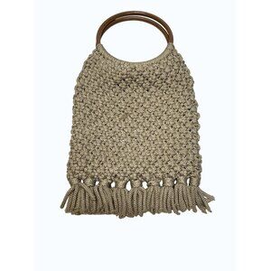 VTG Macrame Tassel‎ Tote Bag Wooden Look Handles BOHO 60'-70's READ